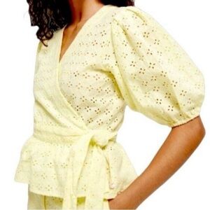 Scotch & Soda Summer Edition Yellow Eyelet Wrap Peplum Blouse